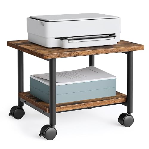 VASAGLE 2-Tier Printer Stand with Locking Wheels, Under Desk Printer Table | Industrial Mobile Cart, 18.9 x 15.7 x 13.4 Inches, Storage Shelf, for Home Office, Rustic Brown and Ink Black, UOPS002B01