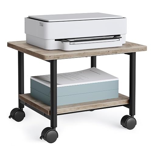 VASAGLE 2-Tier Printer Stand with Locking Wheels, Under Desk Printer Table | Industrial Mobile Cart, 18.9 x 15.7 x 13.4 Inches, Storage Shelf, for Home Office, Heather Greige and Ink Black, UOPS002B02