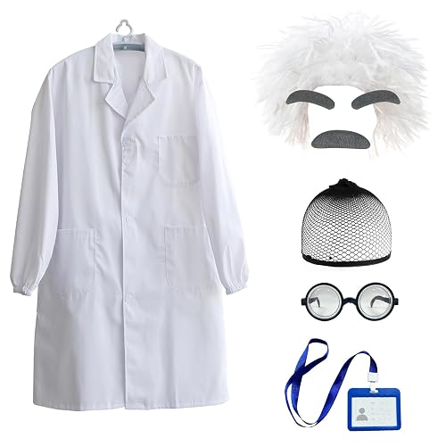 Rainmae 8 Pieces Scientist Costume Set for Adult Includes Old Man Curly Wig, White Lab Coat, Glasses, Mustache, Eyebrows, ID Card for Dressing up Grandpa Costume Halloween Party Cosplay Set (M)