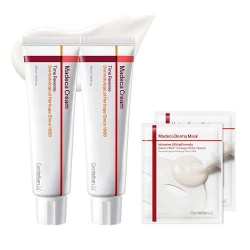 CENTELLIAN 24 Madeca Cream Time Reverse Set, 2x1.69 fl oz + 2 Lifting Masks | Korean Moisturizer with TECA, PDRN and Hyaluronic Acid for Firming, Wrinkle Care, Elasticity & Hydration