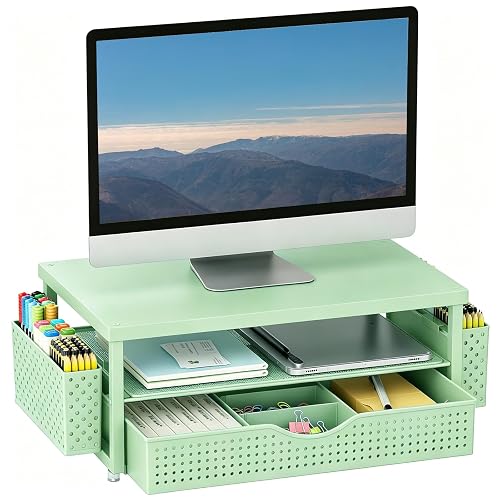 Monitor Stand with Drawer and 2 Pen Holders (Sage Green) | Monitor Riser Desk Organizers and Accessories Desktop Organizer Suitable for Offices and Dormitories