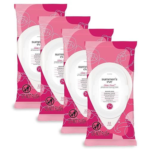 Summer's Eve Refreshing Feminine Wipes, Sheer Floral, 32 Count, 4 Pk | Resealable, Vaginal Wipes, Feminine Care to Help Remove Vaginal Odor, Gynecologist Tested, Gentle Wipes Cleanse Intimate Area