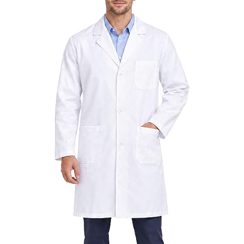 EISTRI Men's Lab Coat Professional White Laboratory Coat Long Sleeve Work Jacket with Pockets Polyester Cotton Blend