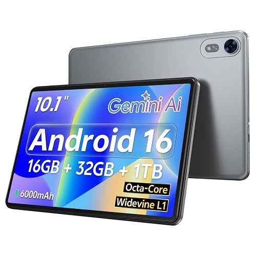 Android 16 Tablet 10 Inch, Octa‑Core, 16GB+32GB, 1TB Expandable, Gray | Electronics Tablets, 6000mAh Battery, Widevine L1, WiFi 6, BT 5.0, Dual Camera, for Kids & Adults, Work, Streaming, Gifts