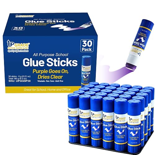 Upgrade Office Supply Glue Sticks, 6g, 30 Count, Purple Goes On Dries Clear | Acid-Free, Washable Non Toxic, for Classroom, Office, Art, Craft and Poster Projects