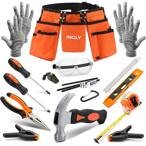 INCLY 18PCS Kids Tool Set with Reinforced Belt Adjustable Waist 20"-32" | Boys Real Hand Tools Kit, Hammer Screwdriver for Home DIY Building & Woodworking