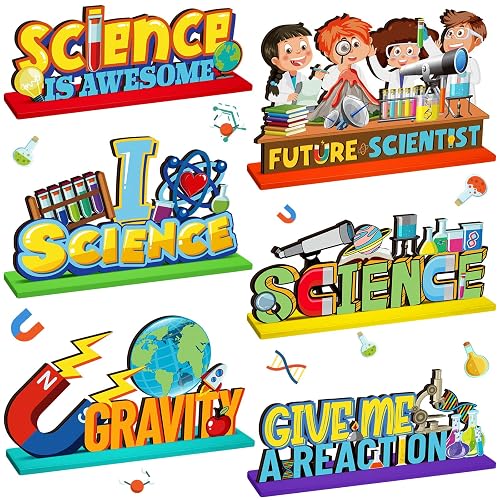Quzzil 6 Pcs Science Centerpieces, Stem Table Toppers for Kids Party | Science Theme Wooden Decorations with Lab, Chemistry and Physics Designs for School, Classroom, Science Fair Party Supplies