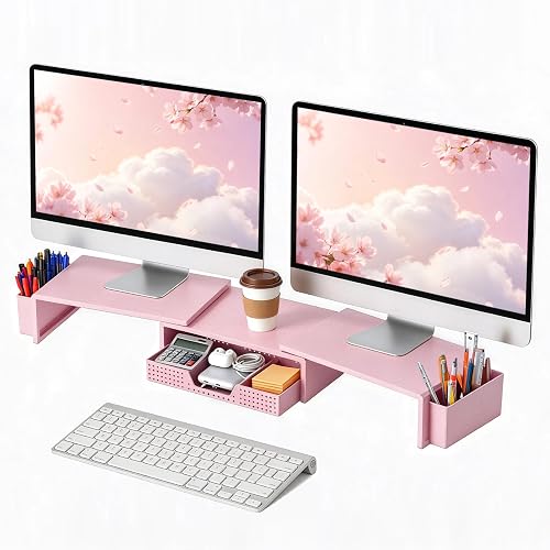 LEKETREE Dual Monitor Stand Riser with Drawer and 2 Pen Holders, Pink | Magnetic Monitor Stand for Desk, Desk Organizers and Accessories, Desktop Stand for Computer, Laptop, TV and More