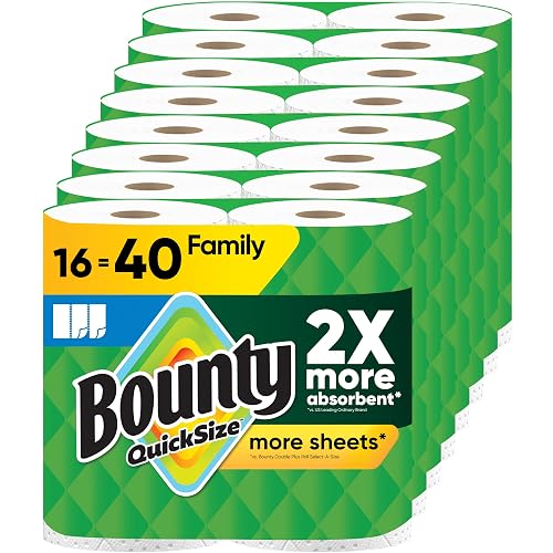 Bounty Paper Towels Quick Size, White, 16 Family Rolls = 40 Regular Rolls