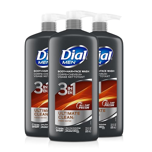 Dial Men 3-in-1 Body, Hair & Face Wash, Refresh, 23 Fl Oz, 3-Pack | Deep Cleansing, Gentle on Skin, Clean Rinse Technology, Moisturizes Hair and Body, Multi-Bottle Value Set