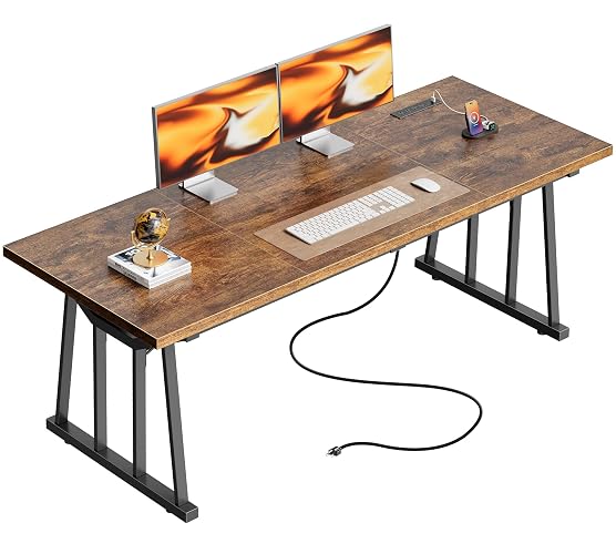 PRAISUN 71'' Large Office Desk with Power Outlets, 25mm Thicker Desktop | Heavy Duty Executive Computer Desk with USB-C Ports, Sturdy Metal Frame, 31.5'' Wide PC Work Home Office Desk, Rustic Brown