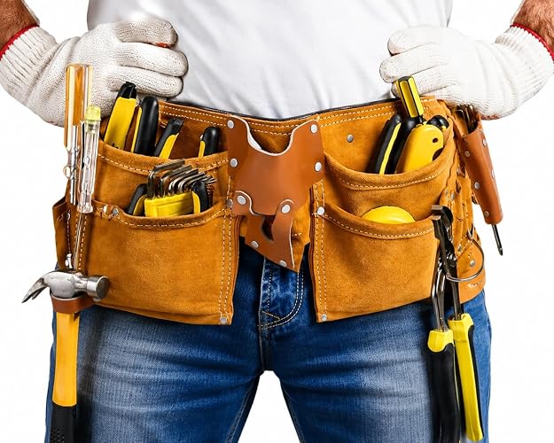 VIRTIONZ MWIRE Gift for Men, Premium Leather Tool Belt for Men – Adjustable Carpenter Belt (Fits Waist 33"–48") | Heavy-Duty Construction Pouch for Framers, Handyman, Electricians – Brown