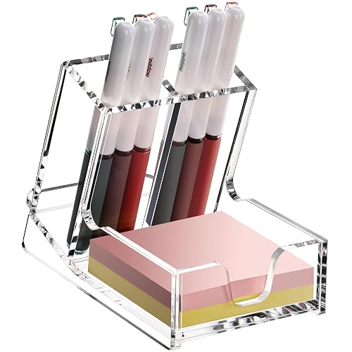 HeZone Acrylic Pen Holder, Desk Organizer for Home Office, Clear | 3 Compartment Pencil Holder, Sticky Notes Holder,Phone Holder Pen Organizer Office Supplies