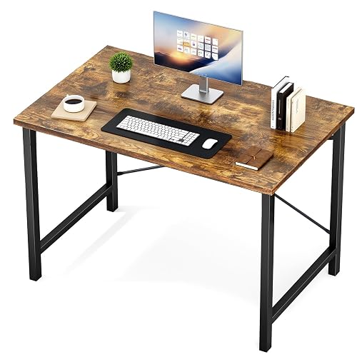 Sweetcrispy 40-Inch Small Computer Desk for Bedroom Home Office, Brown | Gaming Writing Work and Study Desk, Sturdy Metal Frame and Compact Modern Design with X-Shaped