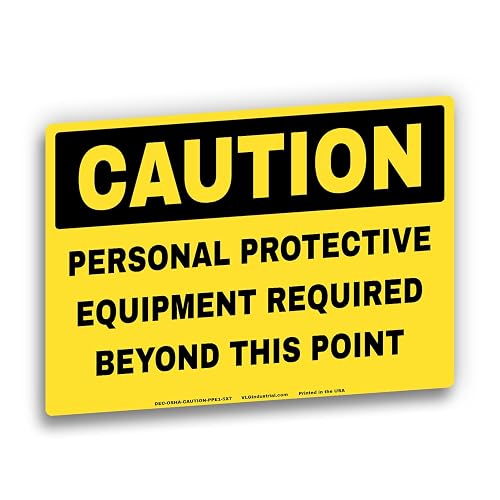 OSHA Style CAUTION Personal Protective Equipment Required Beyond This Point Labels, 5-Pack, 5" x 7" Waterproof Safety Decals, Industrial Adhesive PPE Required Signs for Construction, Manufacturing & Warehouses