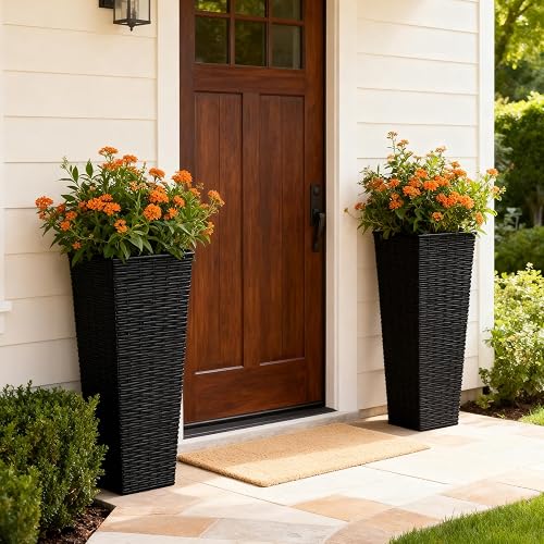 Versear 32in Large Planters for Outdoor Plants, Outside Tall Resin Planters Set of 2, Outdoor Planters for Porch Backyard Patio Garden, Black Flower Pots, 11.69x11.69x32.28in