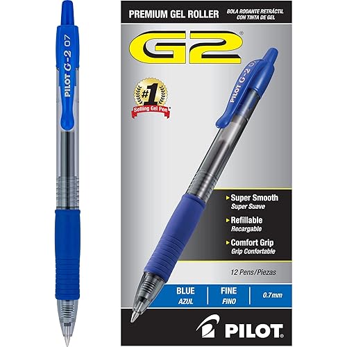 PILOT G2 Premium Gel Pens, Fine Point 0.7mm, Blue Ink, 12-Pack | G2 pilot pens, refillable and retractable, blue gel pens for journaling, writing pens, quick-drying ink, contoured grip