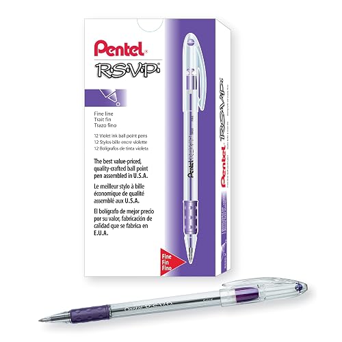 Pentel RSVP Ballpoint Pen, (0.7mm), Fine Line, Violet Ink, Box of 12 (BK90-V)