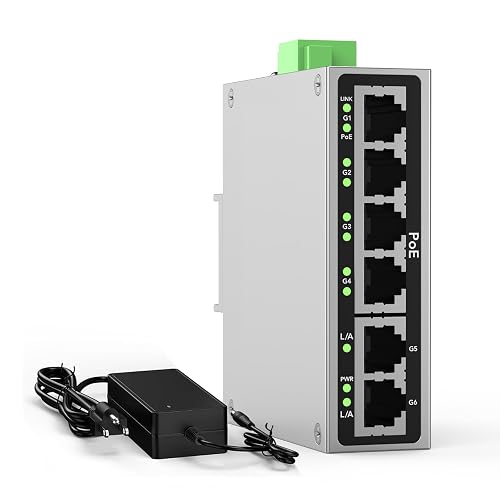 Industrial 4-Port Full Gigabit POE+ Switch with 60W UL Power Supply, 2 Gigabit Uplink Port, 6 Port DIN-Rail POE Switch for IP Cameras, VoIP Phones, Wireless APs
