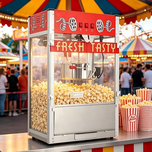 Wertyuizk 36oz Countertop Commercial Popcorn Machine, Red Theater Style | Theater-Style Popper, 120+ Cups per Batch, 3-Switch Warmer/Stirrer/Heater, Removable Crumb Tray, for Business, home users