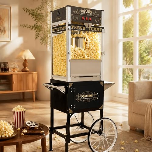32 OZ Commercial Popcorn Machine with Cart - Stainless Steel Kettle Popper with Wheels, Warming Deck & Tempered Glass, for Business, School, Corporate, Theater, Home Use, Black