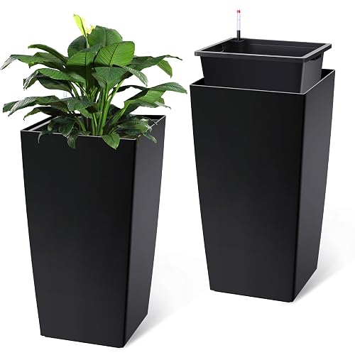Garvee 30" Tall Planters Set of 2, Outdoor & Indoor Black Planter Pots, High Front Porch Planter Pots with Drainage Holes & Water Level Monitor & Inner Bucket, Black