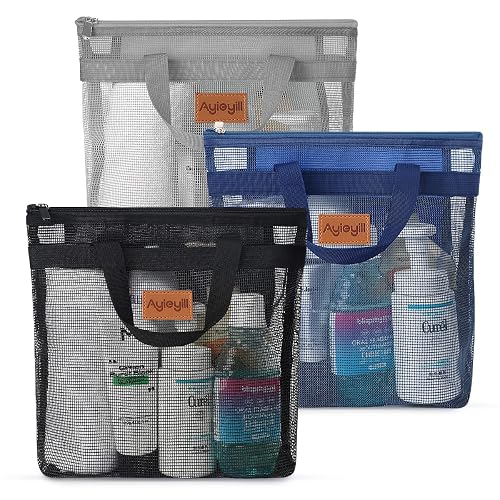 3 Pcs Portable Mesh Shower Caddy Tote, Quick Dry Tote Bag Mesh Beach Bags for Women, Hanging Toiletry and Bath Organizer for Travel Swimming Sports Gym Camp Shopping College Dorms (Black Gray D Blue)