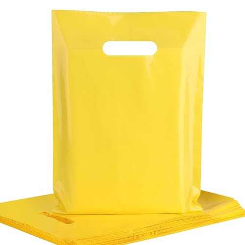 POPGIFTU 9x12 Yellow Plastic Bags with Handles 100 Pack | Retail Shopping Bags Bulk for Gift Wrapping, Party Favors, Birthday, Small Business & Store