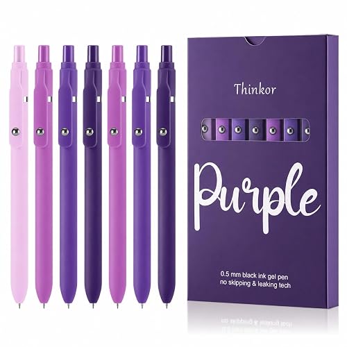 thinkor Purple Gel Pens Black Ink, 7 Pcs 0.5mm Quick Dry Fine Point Smooth | Cute Office School Supplies Gifts for Women Student Nurse