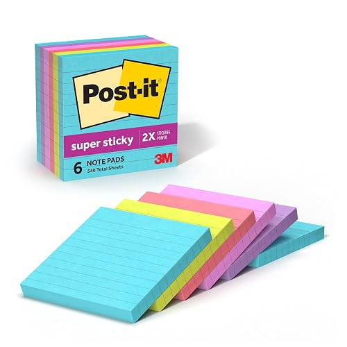 Post-it Super Sticky Notes, 4 x 4 in, Supernova Neons, 6 Lined Pads | School Supplies and Oﬃce Supplies, 2X the Sticking Power