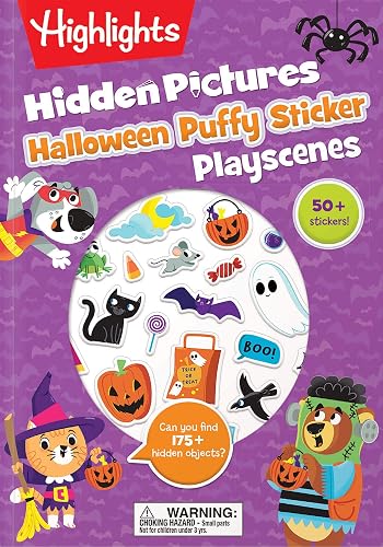 Halloween Hidden Pictures Puffy Sticker Playscenes: Halloween Activity Book for Kids 36 Featuring Over 175 Hidden Objects, 50 Reusable Puffy Stickers ... Games (Highlights Puffy Sticker Playscenes)