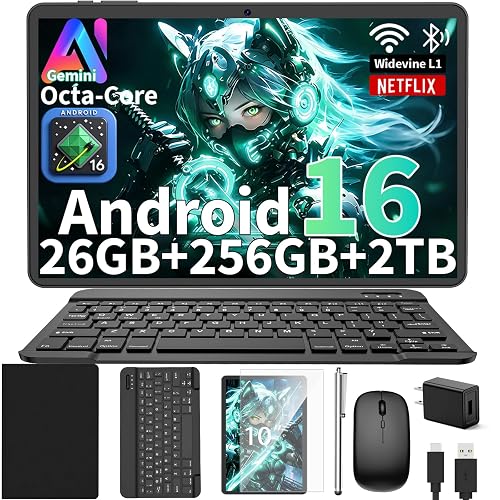 Android 16 Tablet with Keyboard,10 inch Tablet, 26GB+256GB+2TB(Black Case) | Electronic Tablet with 8-Core, Gemini AI, 5G WiFi, 8000mAh, GPS, GMS, Tablet PC with Case/Mouse/Stylus