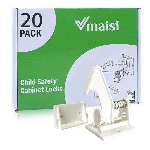 Vmaisi 20 Pack Cabinet Locks Child Safety Latches Easy Install No Drill | Upgraded Stronger Adhesive Installation with Temple - Baby Proofing Cabinets Drawers Locks