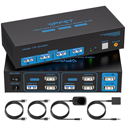 8K HDMI KVM Switch 2 Monitors 2 Computers Dual Monitor Extended Display 8K@60Hz 4K@120Hz, 2-Port KVM Switches with 4-Port USB 3.0 Hub, Desktop Controller and 2 USB Cables