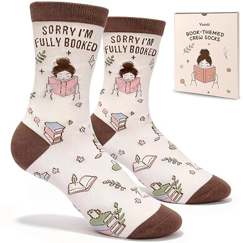 Yussti Book Socks Reading Crew Socks Novelty Gift | Cotton Blend, Hidden Book-Inspired Details, Novelty Soft Stretch Fit for Book Lovers, Reader Gift, Study Library Lifestyle