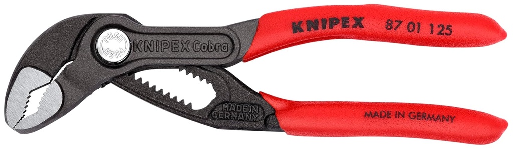KNIPEX 87 01 125, 5 in. Cobra® Water Pump Pliers, Capacity 1-1/16 in. | 13 adjustment positions. Push-button design. Forged box-joint design. Serrated gripping surface. Made in Germany.