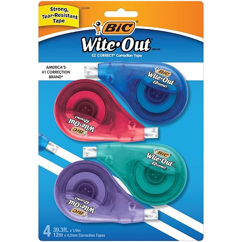 BIC Wite-Out EZ Correct Correction Tape, 4-Count | holiday Stocking Stuffers, Tear-Resistant Tape, Instant Write-Over Corrections, School and Writing Supplies