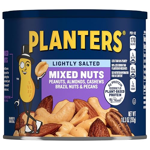 PLANTERS Lightly Salted Mixed Nuts, Plant Based Protein, 10.3 Oz (1 Ct) | Mixed Nuts: Almonds, Cashews, Peanuts, Pecans, Brazil Nuts. Snacks for Adults. Resealable Canister. Party Snack