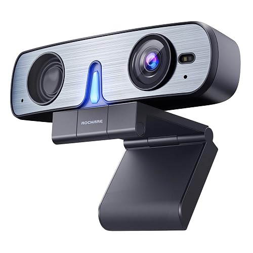 ROCWARE RC08 2K Webcam with Speaker, Webcam for PC, HD Web Cam with Noise Reduction Mic/Harman Speaker/4X Eptz/Privacy Cover/0.2S Auto-Focus/Low Illumination, Computer Camera for Zoom/Teams/Meeting