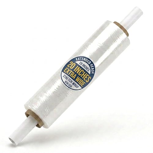 BOX USA Stretch Wrap Extra Wide Stretch Film Roll - 20 in Wide & 1000 ft long Clear Plastic Wrap with Handles for Pallet Wrapping Shipping Moving