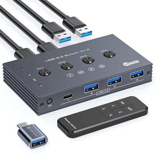 USB 3.2 Switch Selector 4 Computers Share 1 USBC & 3 USBA Devices 10Gbps 4 Port USB Switcher Sharing Keyboard Mouse Printer Scanner with Cable and Remote Control and a dapter
