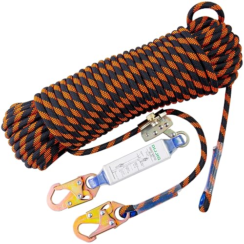 Rope Harness Safety Lanyard 50ft Vertical Roofing Rope With Grab Snap Hooks | Shock Absorber Fall Protection Tree Climbing Line Kit Heavy Duty Roof Safety Equipment ANSI CE