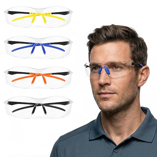 4 Pack Safety Glasses for Men and Women, ANSI Z87.1 Certified, Clear Scratch & Impact Resistant Lenses with UV Protection, Soft Silicone Nose Pads, 4 Color Temples Protective Eyewear for Lab, Workshop