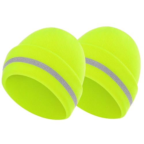 2Pcs Reflective Beanie Hats High Visibility Knit Beanie for Night Running | Yellow Beanie for Men Safety Hat with Reflective Strip for Warm Winter Headwear Outdoor Work Cycling Joggers