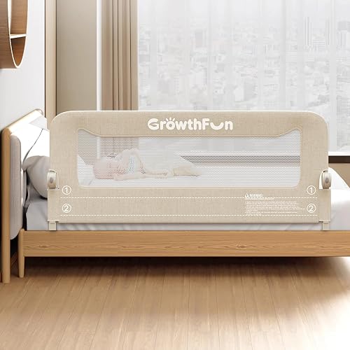 GrowthFun Foldable Bed Rail for Toddlers, 59in Reinforced Carbon Steel Frame&Connectors, Breathable Cationic Fabric, Safety Toddler Bed Rails for Queen, King, Twin, Full, No-Tool Setup.