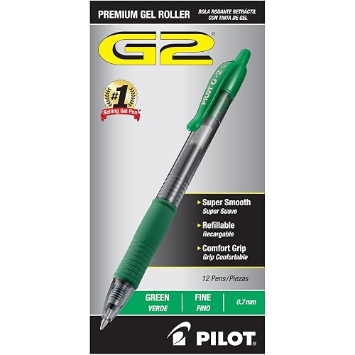 PILOT G2 Premium Gel Pens, Fine Point 0.7mm, Green Ink, 12-Pack | G2 pilot pens, refillable and retractable, green gel pens for journaling, writing pens, quick-drying ink, contoured grip