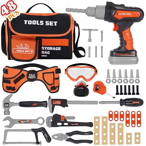 Kids Tool Set- 48PCS Tool Set Toys with Electronic Toy Drill, Tool Bag&Tool Belt&Tape Measure, Pretend Play Kids Construction Tool Kits Toy for Boys, Kids Birthday Gift for Boys Girls Ages 3+