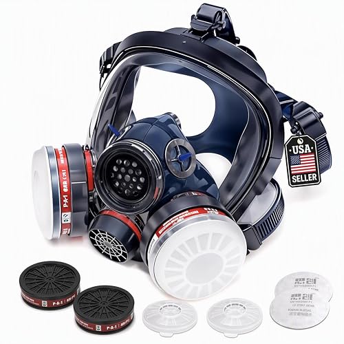 Full Face Organic Vapor Respirator - with Anti-Fog Heavy Duty Lens & Adjustable - Chemical, & Particulate Respirator. Includes 2 Filter Cartridges - Industrial Grade
