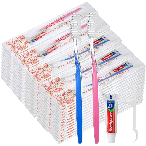 FoldTier 200 Sets Disposable Toothbrush Toothpaste Floss, Light Blue Pink | Dental Kit, Individually Wrapped 10g Toothpaste, Homeless Hygiene Kit Bulk, for Homeless Care Package Supply Travel Shelter