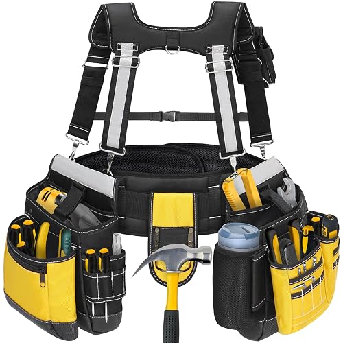 Tool Belt with Suspenders for Men, Heavy Duty Construction Tool Belt with 32 Pockets, 1680D Ballistic Material, Reflective Strips for Safety, HVAC Toolbelt for Men